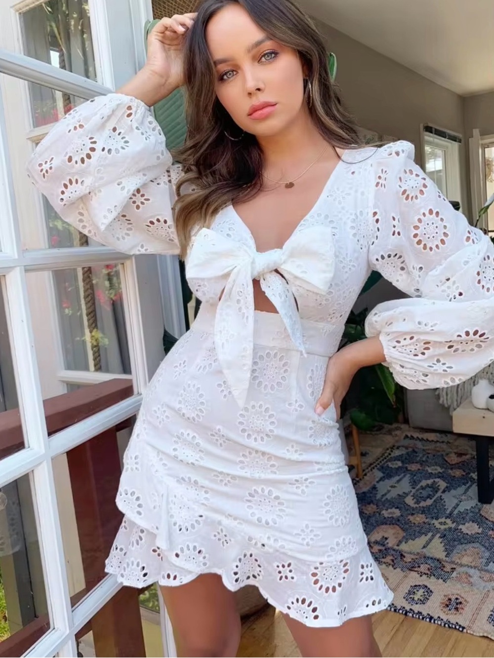 White Eyelet Tie-Front Mini Dress